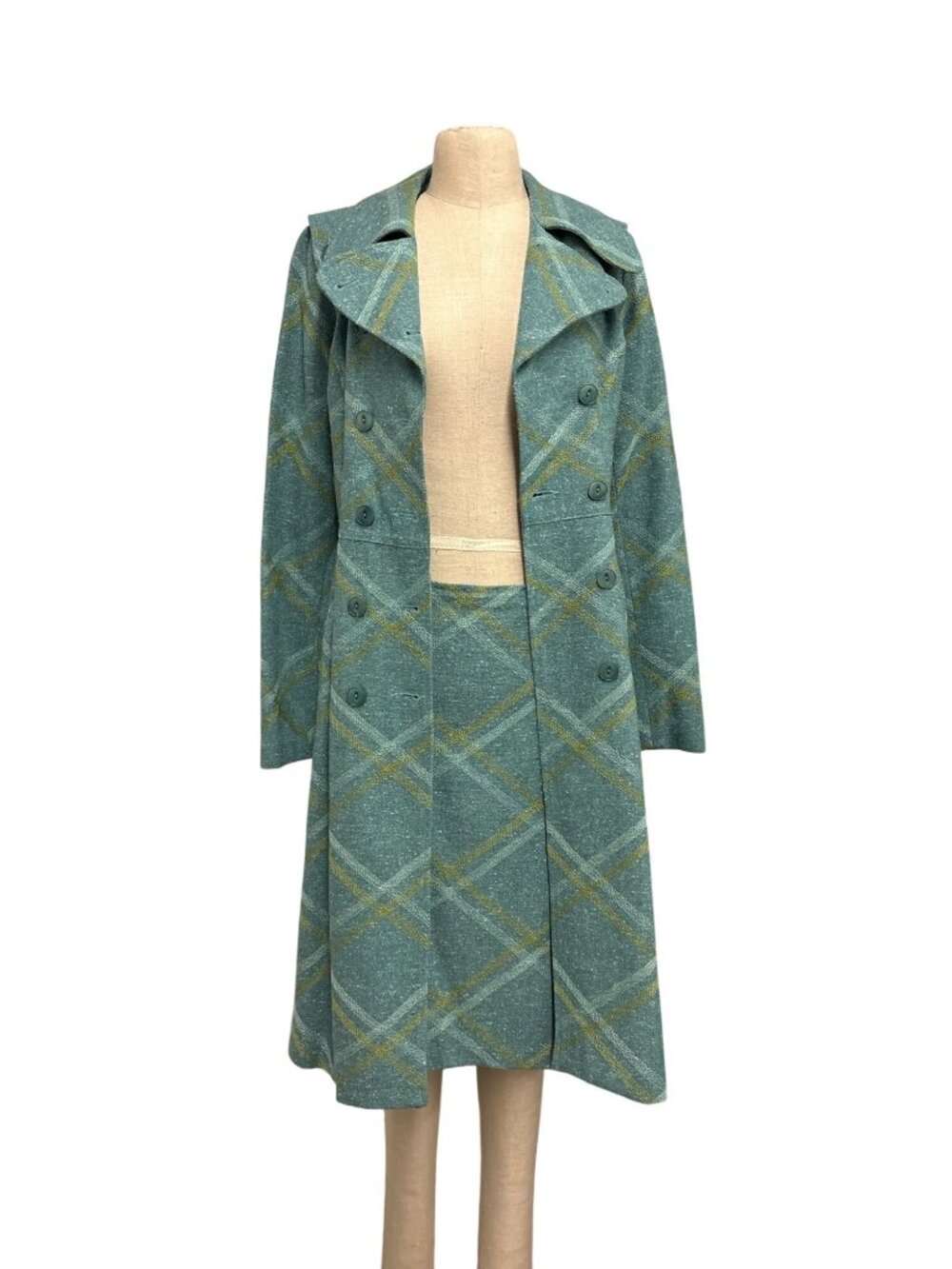 Vintage Beth Bowley Teal Gold Plaid Wool Blend Belted Coat Jacket Pencil Skirt S